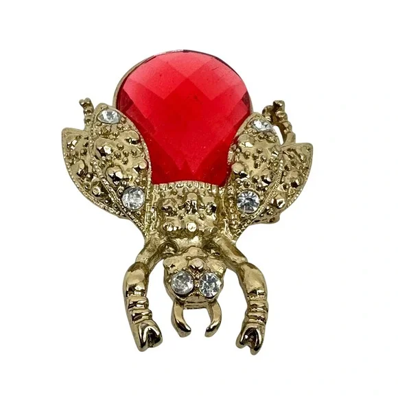 VTG Rhinestone Beetle‎ Brooch Red Jewel Gold Tone Bug Insect Pin Pave Crystal - Picture 7 of 12